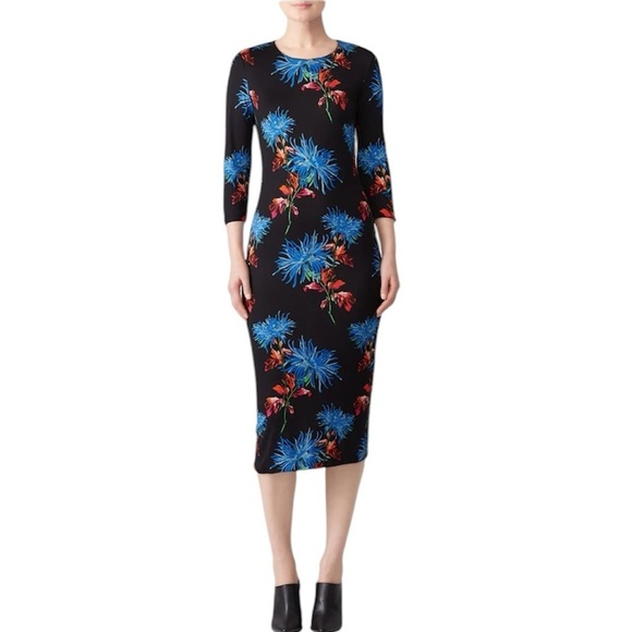 Diane Von Furstenberg | Women’s Silk Floral Black Dress Size Small 3/4 Sleeve - Picture 1 of 6